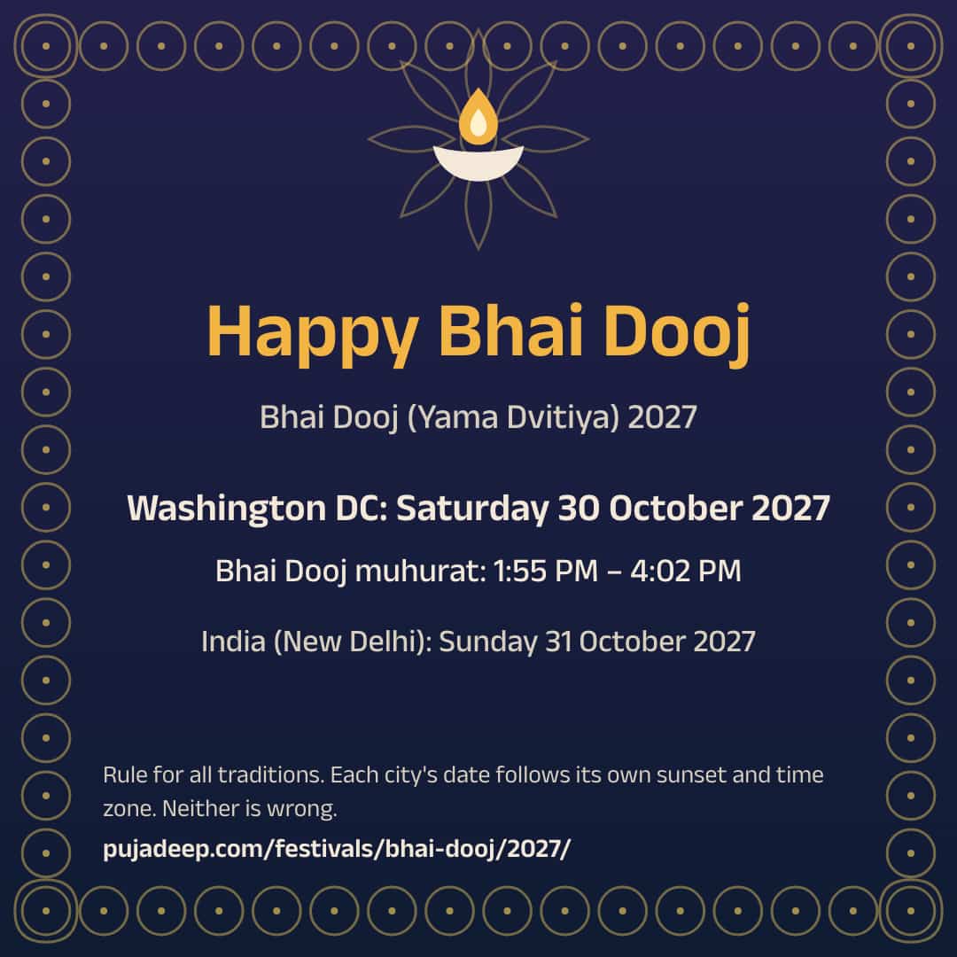 Happy Bhai Dooj. Bhai Dooj (Yama Dvitiya) 2027. Washington DC: Saturday 30 October 2027. Bhai Dooj muhurat: 1:55 PM – 4:02 PM. India (New Delhi): Sunday 31 October 2027. Rule for all traditions. Each city's date follows its own sunset and time zone. Neither is wrong. pujadeep.com/festivals/bhai-dooj/2027/.