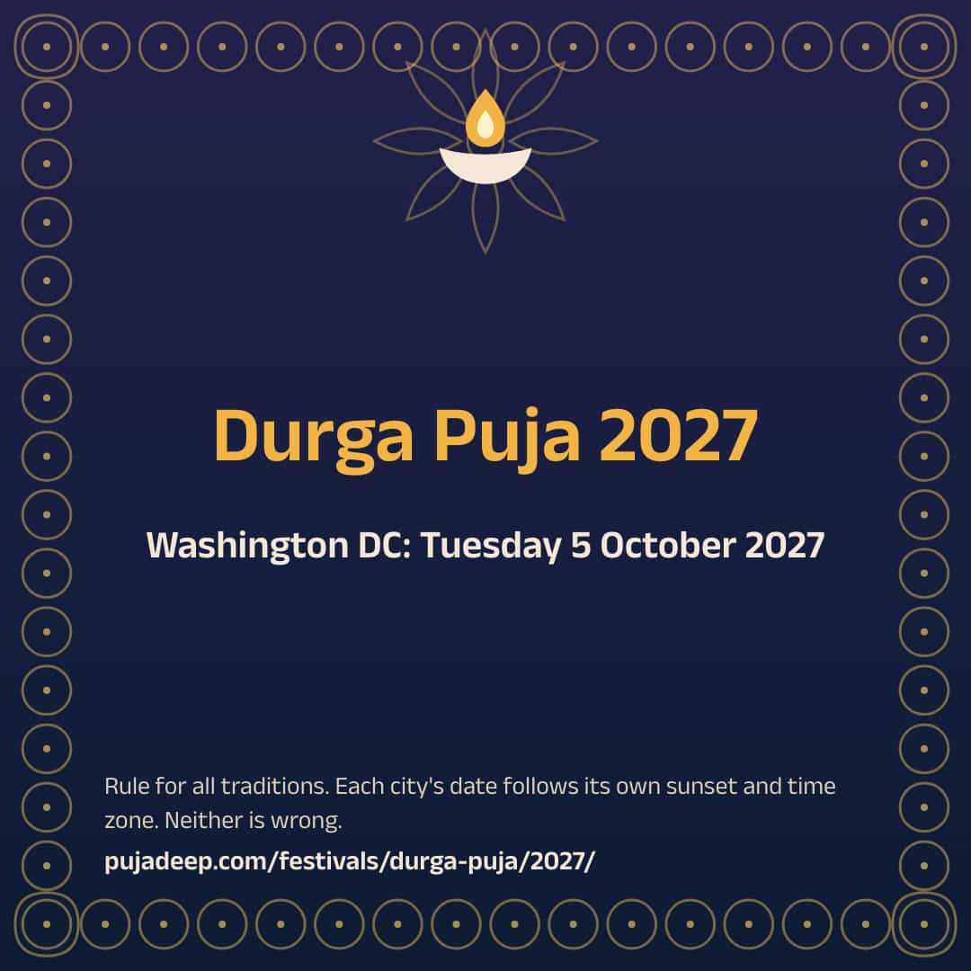 Durga Puja 2027. Washington DC: Tuesday 5 October 2027. Rule for all traditions. Each city's date follows its own sunset and time zone. Neither is wrong. pujadeep.com/festivals/durga-puja/2027/.