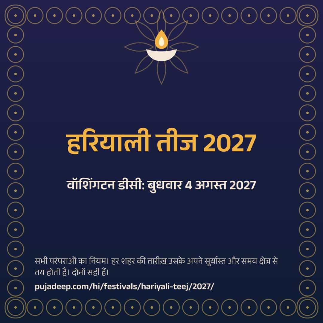 हरियाली तीज 2027। वॉशिंगटन डीसी: बुधवार 4 अगस्त 2027। सभी परंपराओं का नियम। हर शहर की तारीख़ उसके अपने सूर्यास्त और समय क्षेत्र से तय होती है। दोनों सही हैं। pujadeep.com/hi/festivals/hariyali-teej/2027/.
