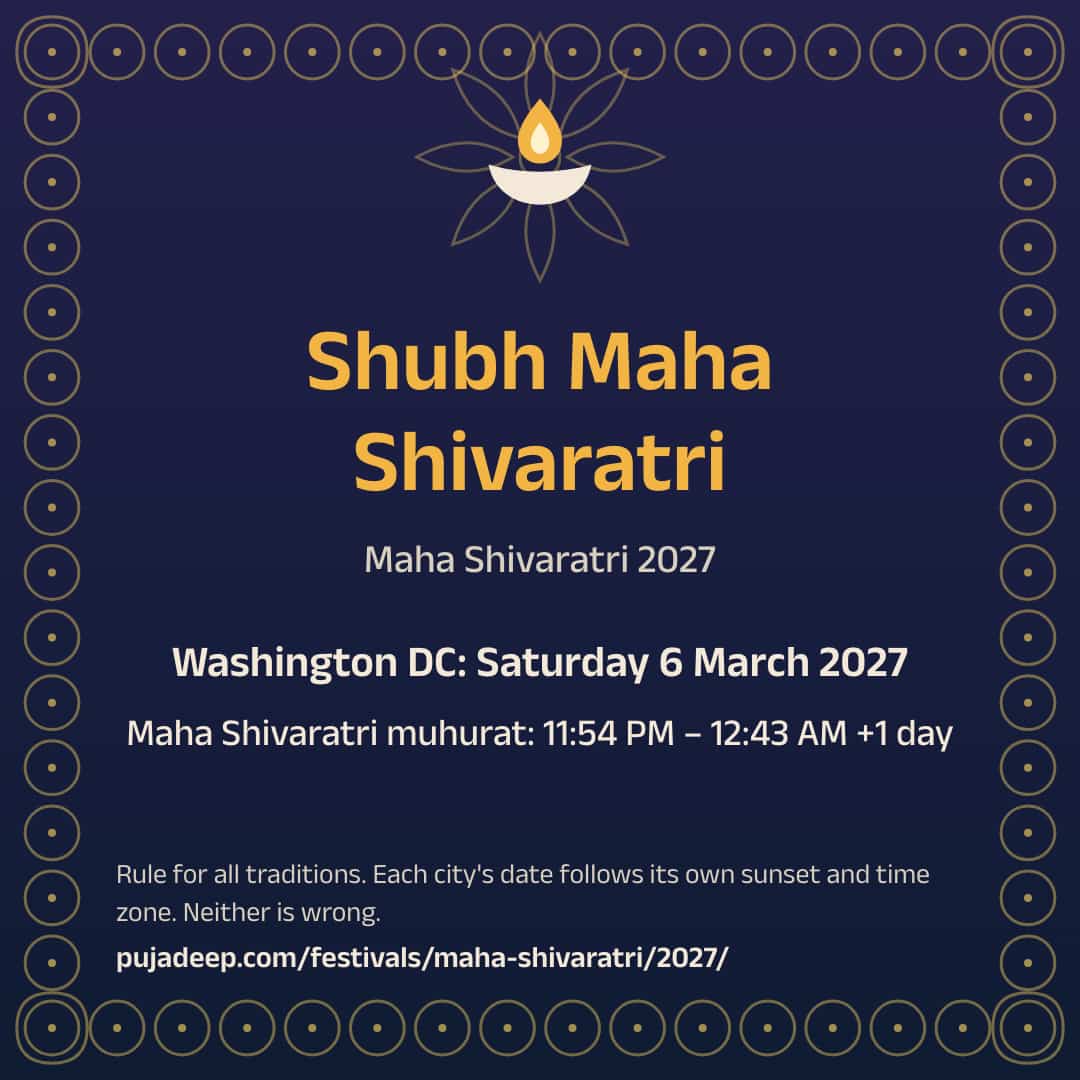 Shubh Maha Shivaratri. Maha Shivaratri 2027. Washington DC: Saturday 6 March 2027. Maha Shivaratri muhurat: 11:54 PM – 12:43 AM +1 day. Rule for all traditions. Each city's date follows its own sunset and time zone. Neither is wrong. pujadeep.com/festivals/maha-shivaratri/2027/.