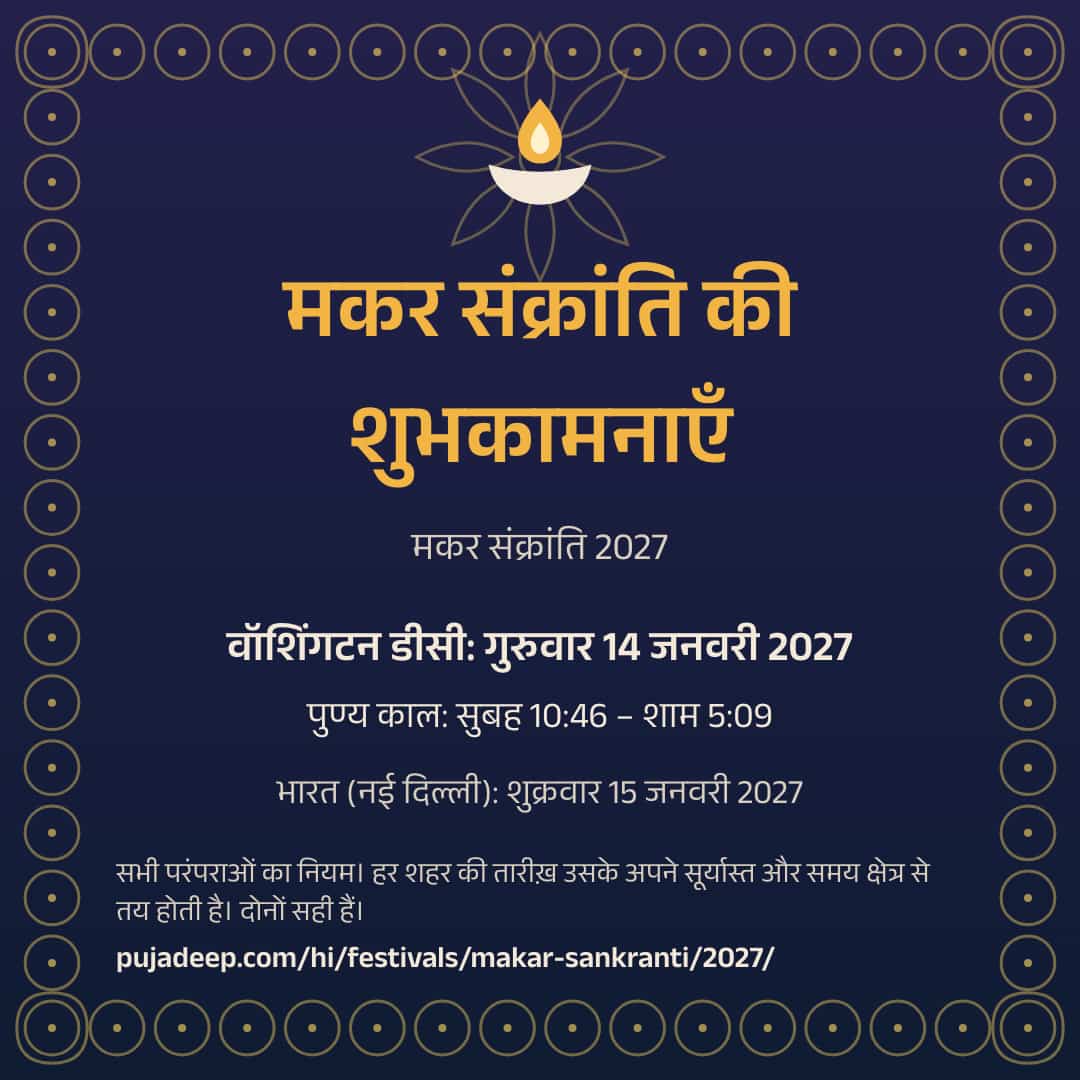 मकर संक्रांति की शुभकामनाएँ। मकर संक्रांति 2027। वॉशिंगटन डीसी: गुरुवार 14 जनवरी 2027। पुण्य काल: सुबह 10:46 – शाम 5:09। भारत (नई दिल्ली): शुक्रवार 15 जनवरी 2027। सभी परंपराओं का नियम। हर शहर की तारीख़ उसके अपने सूर्यास्त और समय क्षेत्र से तय होती है। दोनों सही हैं। pujadeep.com/hi/festivals/makar-sankranti/2027/.
