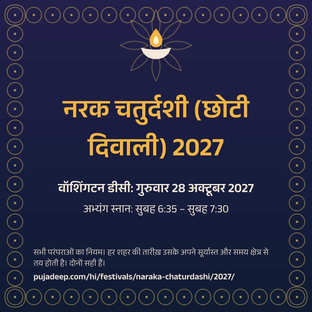 नरक चतुर्दशी (छोटी दिवाली) 2027। वॉशिंगटन डीसी: गुरुवार 28 अक्टूबर 2027। अभ्यंग स्नान: सुबह 6:35 – सुबह 7:30। सभी परंपराओं का नियम। हर शहर की तारीख़ उसके अपने सूर्यास्त और समय क्षेत्र से तय होती है। दोनों सही हैं। pujadeep.com/hi/festivals/naraka-chaturdashi/2027/.