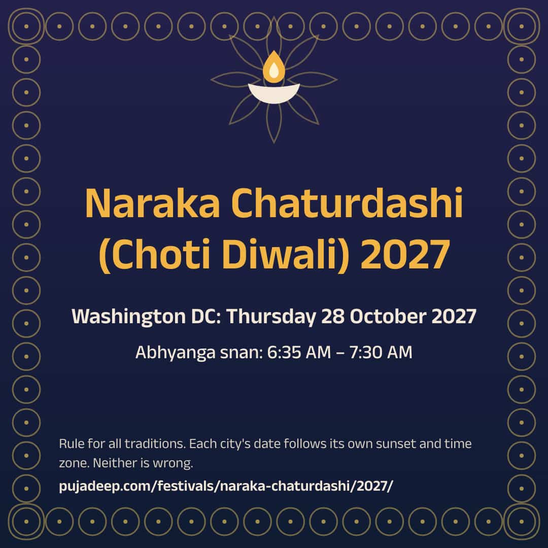 Naraka Chaturdashi (Choti Diwali) 2027. Washington DC: Thursday 28 October 2027. Abhyanga snan: 6:35 AM – 7:30 AM. Rule for all traditions. Each city's date follows its own sunset and time zone. Neither is wrong. pujadeep.com/festivals/naraka-chaturdashi/2027/.