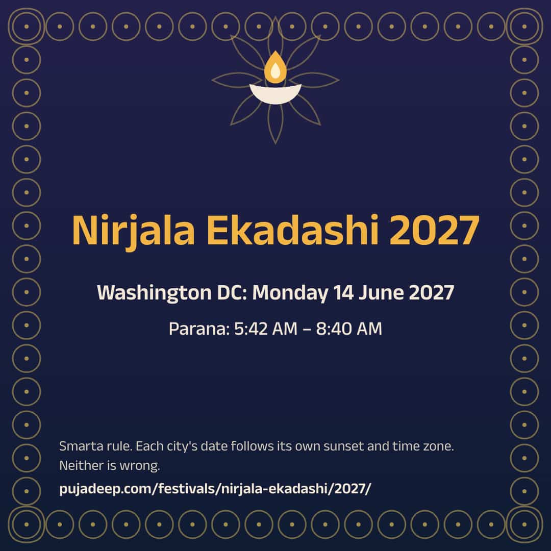 Nirjala Ekadashi 2027. Washington DC: Monday 14 June 2027. Parana: 5:42 AM – 8:40 AM. Smarta rule. Each city's date follows its own sunset and time zone. Neither is wrong. pujadeep.com/festivals/nirjala-ekadashi/2027/.