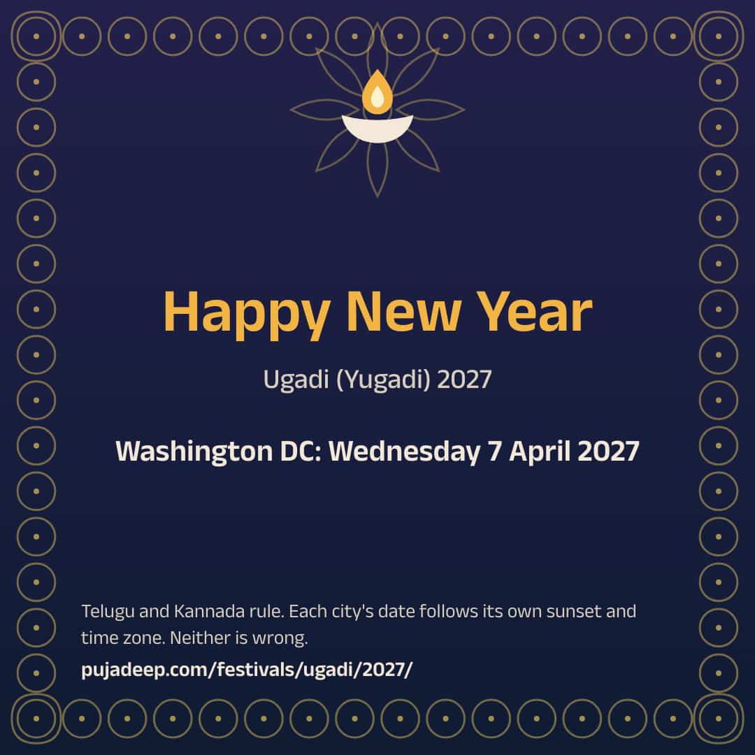 Happy New Year. Ugadi (Yugadi) 2027. Washington DC: Wednesday 7 April 2027. Telugu and Kannada rule. Each city's date follows its own sunset and time zone. Neither is wrong. pujadeep.com/festivals/ugadi/2027/.