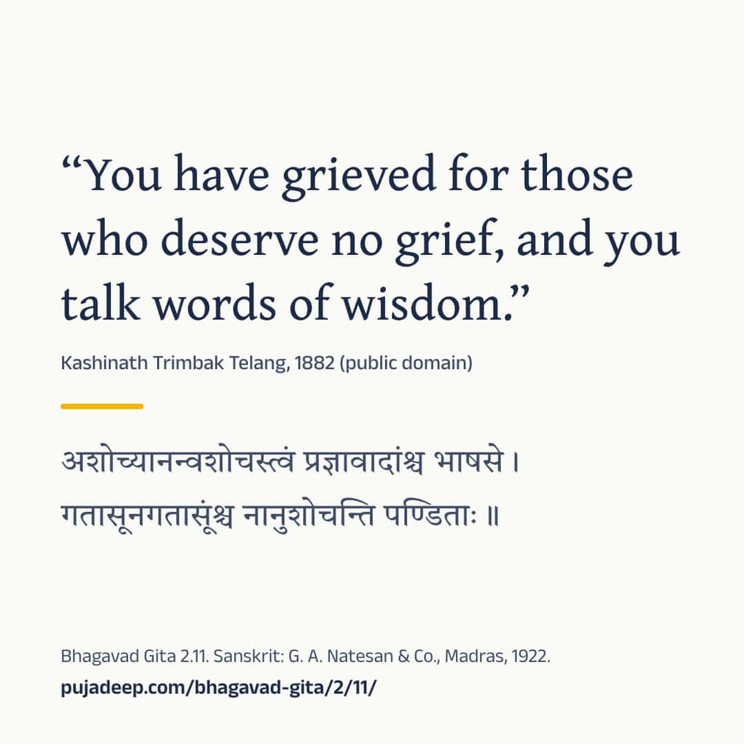 “You have grieved for those who deserve no grief, and you talk words of wisdom.” Kashinath Trimbak Telang, 1882 (public domain) (in Devanagari) Bhagavad Gita 2.11. Sanskrit: G. A. Natesan & Co., Madras, 1922. pujadeep.com/bhagavad-gita/2/11/.