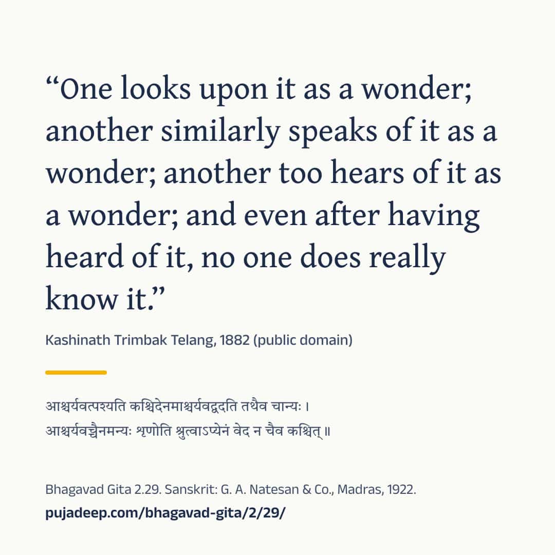 “One looks upon it as a wonder; another similarly speaks of it as a wonder; another too hears of it as a wonder; and even after having heard of it, no one does really know it.” Kashinath Trimbak Telang, 1882 (public domain) (in Devanagari) Bhagavad Gita 2.29. Sanskrit: G. A. Natesan & Co., Madras, 1922. pujadeep.com/bhagavad-gita/2/29/.