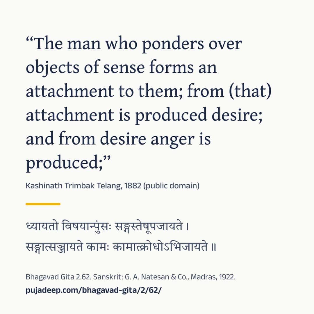 “The man who ponders over objects of sense forms an attachment to them; from (that) attachment is produced desire; and from desire anger is produced;” Kashinath Trimbak Telang, 1882 (public domain) (in Devanagari) Bhagavad Gita 2.62. Sanskrit: G. A. Natesan & Co., Madras, 1922. pujadeep.com/bhagavad-gita/2/62/.